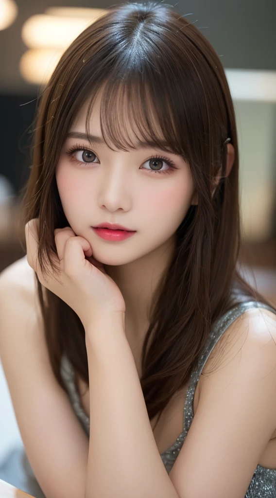Tabletop, Highest quality, shape, Very detailed, finely, High resolution, 8k wallpaper, 完璧なダイナミックな構shape, Beautiful and detailed, ランダムなcute髪,Small breasts,Natural color lip, Bold sexy pose,smile、20-year-old girl、cute、sexy shot looking at camera,Always blur the background,Perfect and beautiful face,Photograph only the face,Beautiful and elaborate face、Slim face and figure,Big eyes、Putting on gal makeup