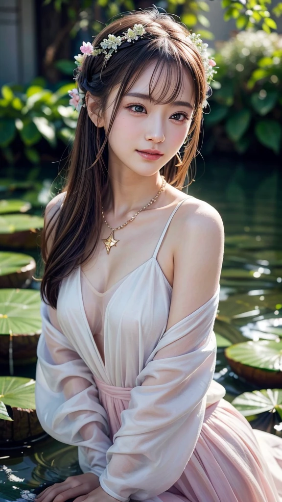 Superb Quality, Masterpiece, High Resolution, 1Girl, Blush, (Seductive Smile: 0.8), Star Pupil, Chinese Hanfu Lilac, Hair Accessories, Necklace, Jewelry, Beauty, on_body, Tyndall Effect, Realism, Lotus Pond, Light Edge, Two-tone Lighting, (High Detail Skin: 1.2), 8K UHD, DSLR, Soft Light, High Quality, Volume Lighting, Candid Photo, High Resolution, 4K, 8K, Background Bokeh