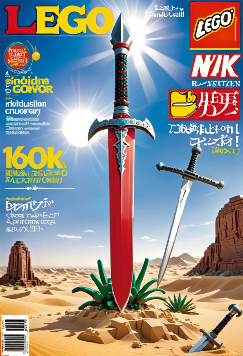 Magazine cover，best quality, very good, 16K, ridiculous, Very detailed, （（Huge sword））desert，Made of Lego,