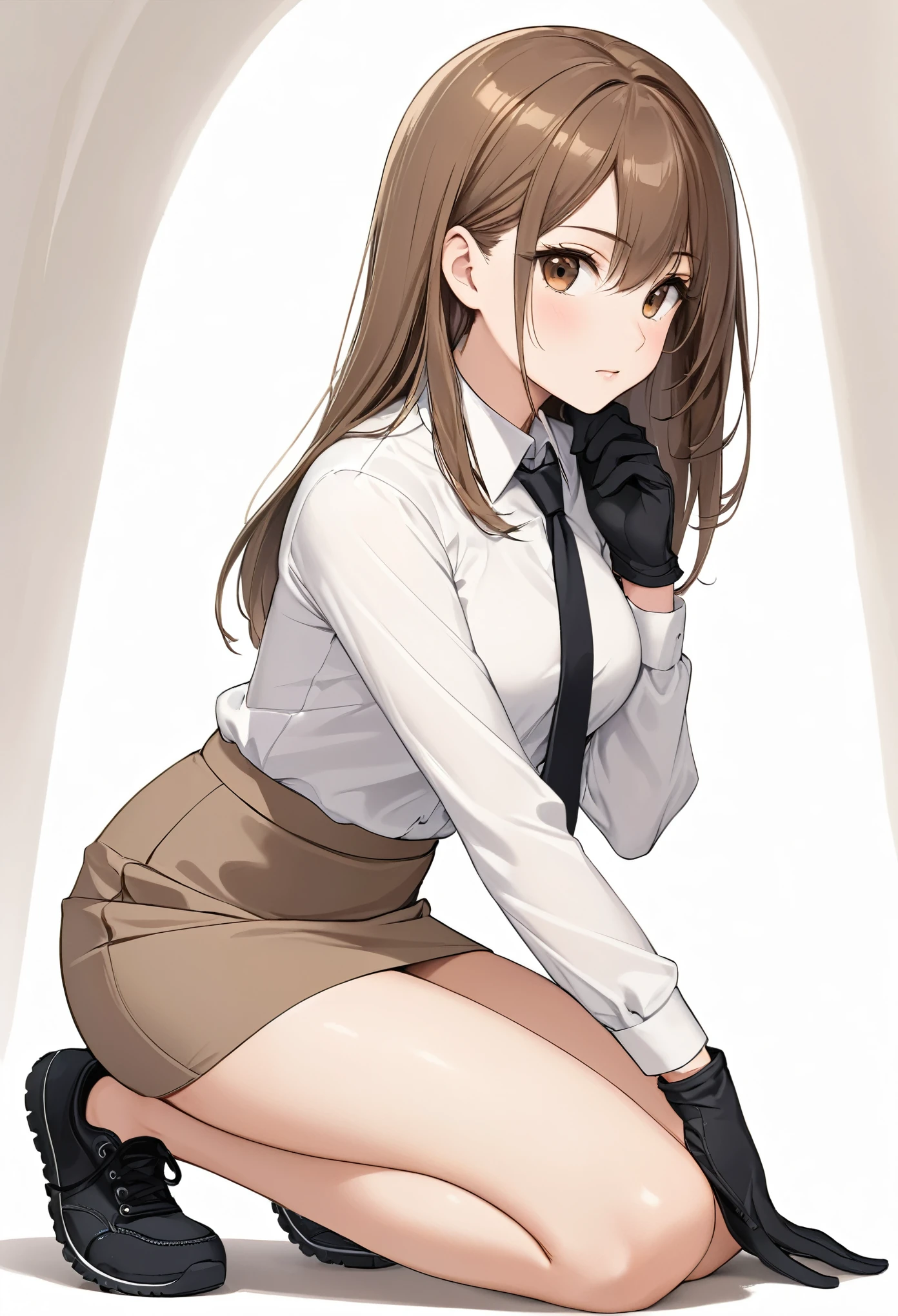 Beige miniskirt , Black sneakers , beige skirt , pencil skirt , whole body , thighs , brown hair , brown eyes , straight hair , bare legs , face , Black gloves , White shirt , kneel , , black tie , long sleeves , close up