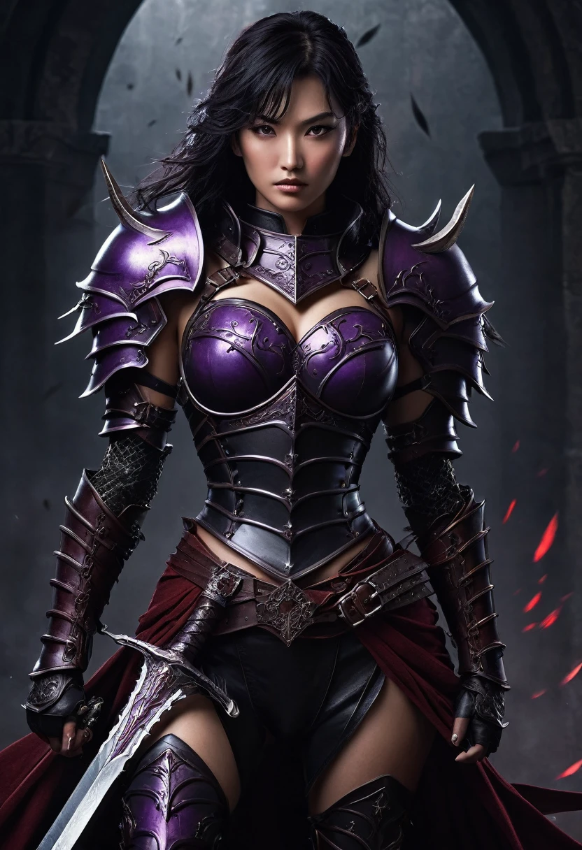 "Dark fantasy female warrior with an hourglass-shaped body, holding a massive sword inspired by the Berserk anime with both hands. She wears a combination of dark leather and metal armor that is both mysterious and slightly sexy. Her outfit is designed to be functional for battle, with intricate details, dark colors, and subtle accents of red or purple. While not overly revealing, the clothing teases with strategic cutouts and form-fitting elements. The background is a dark, ominous environment with hints of a mystical and dangerous. world."