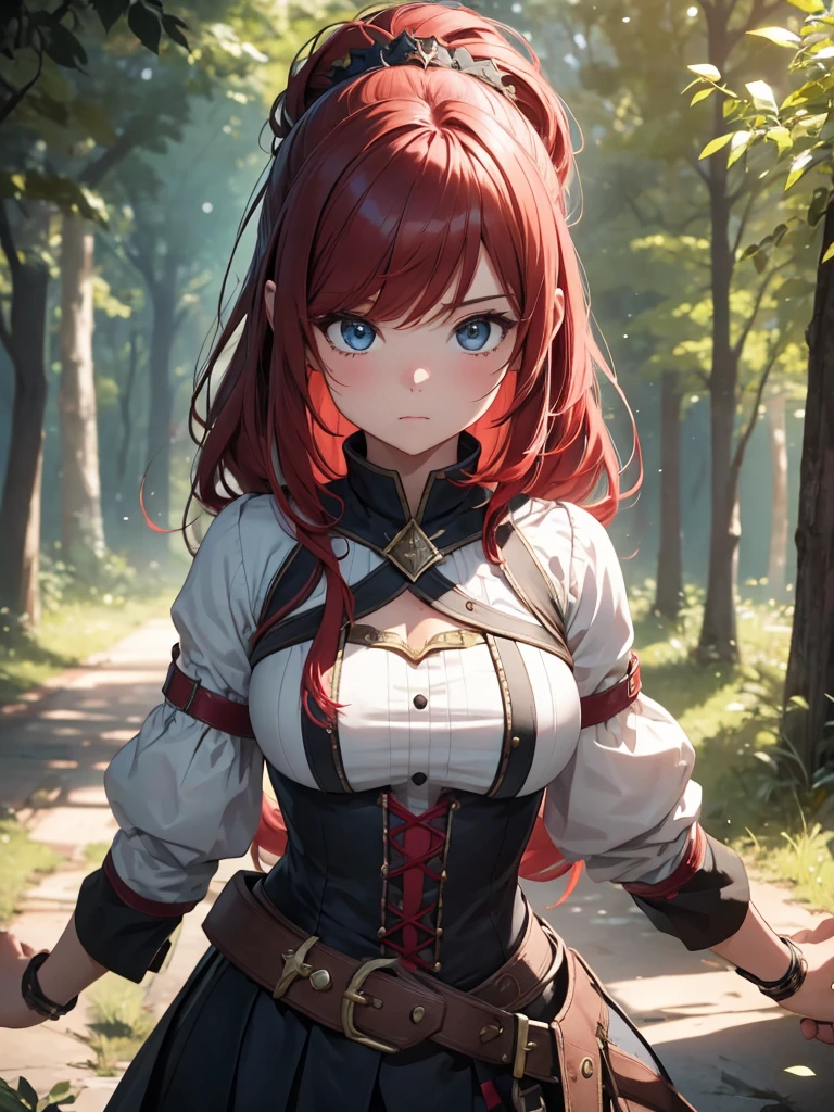 high resolution:1.7, incredibly absurdres, kawaii:1, cute:1.5, hires.fix, anime visual:1, incredibly fine illustration,8k,masterpiece:1.2,best quality, high quality, exquisite, beautiful,insanely detailed,intricate detailed, extremely detailed, Super Definition, ultra high res, Super Resolution, best aesthetic, ultra detailed:1.5, best quality, perfect face, detailed face,stunning art,absurdres,octane render,ultra hires,cute,Beautiful,(Cute and lovely),cute girl,((extremely cute and beautiful red hair)),A 16 year old daughter becomes an adventurer and battles monsters for the first time. Deep in the forest, the girl readies herself with both hands on her longsword. Spirits fly around her like stars, giving the girl power.