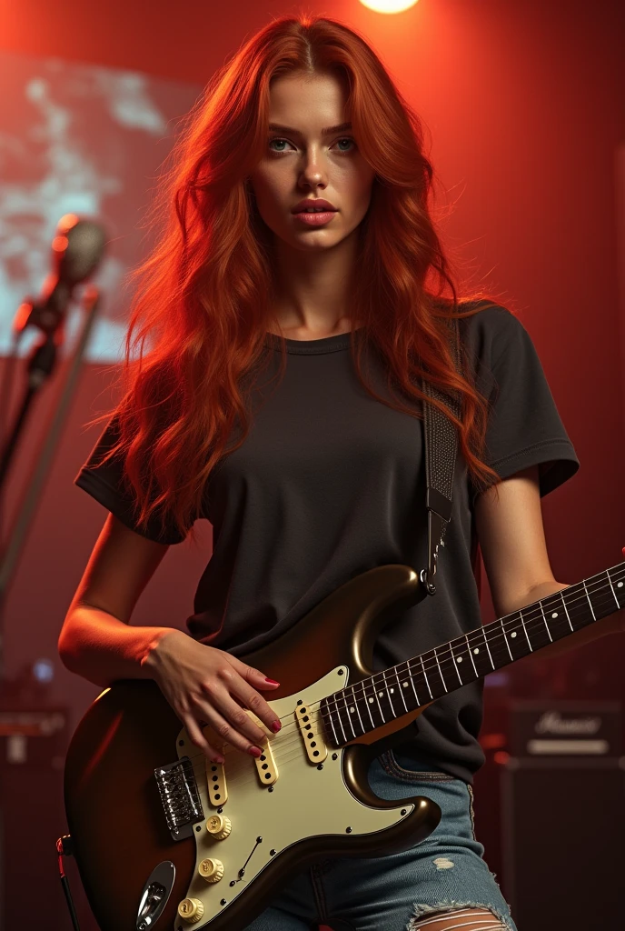 ultra realistic, photography, long red hair, girl, 24 years old, hourglass figure, perfect body, Flirty look, beautiful detailed woman, intricate and detailed face, long lush hair, soft lighting, photorealistic, high quality, cinematic, dramatic, warm color tones, natural breasts, facing the camera, blur background, on stage, rockband, playing electric guitar, ripped jeans, oversized t-shirt