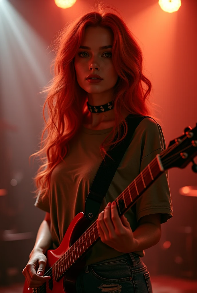 ultra realistic, photography, long red hair, girl, 24 years old, hourglass figure, perfect body, Flirty look, beautiful detailed woman, intricate and detailed face, long lush hair, soft lighting, photorealistic, high quality, cinematic, dramatic, warm color tones, natural breasts, facing the camera, blur background, on stage, rockband, playing electric guitar, ripped jeans, oversized t-shirt