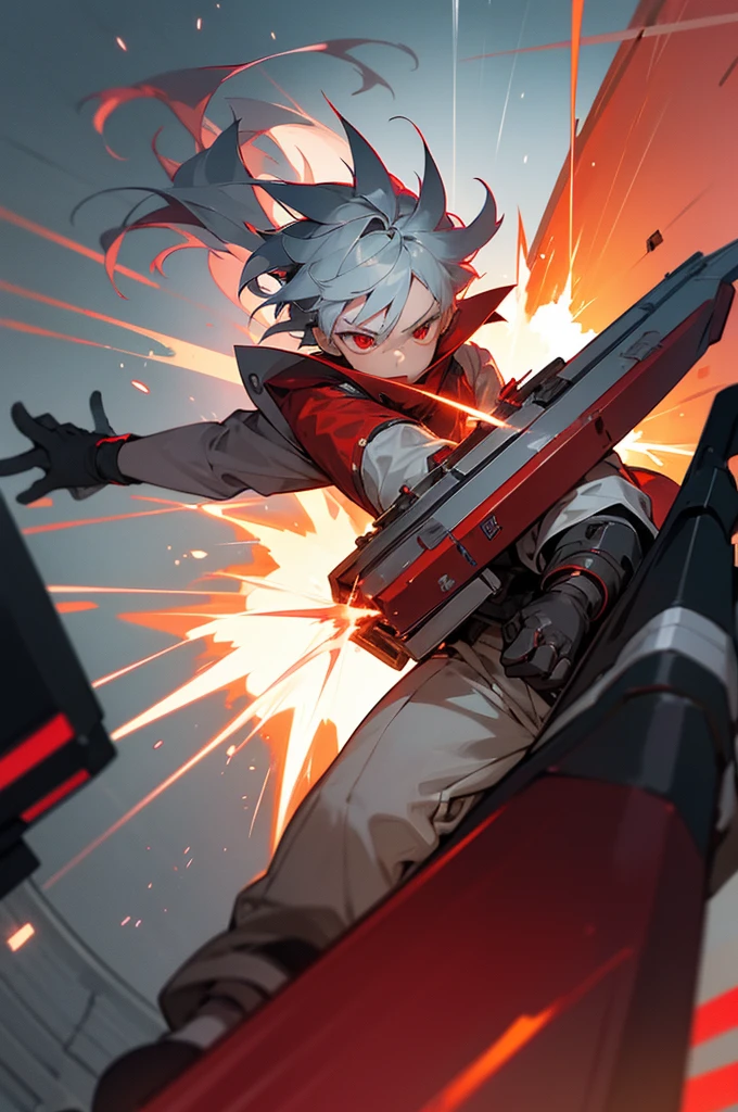 A boy of about 7 years old with silver hair and red eyes is blowing up the city. Shota Cyborg. His right arm has been transformed into a cannon.、Red energy is emitted、It's piercing the building, launching missiles from the six-barreled catapults equipped on both shoulders, carrying out a bombing attack.