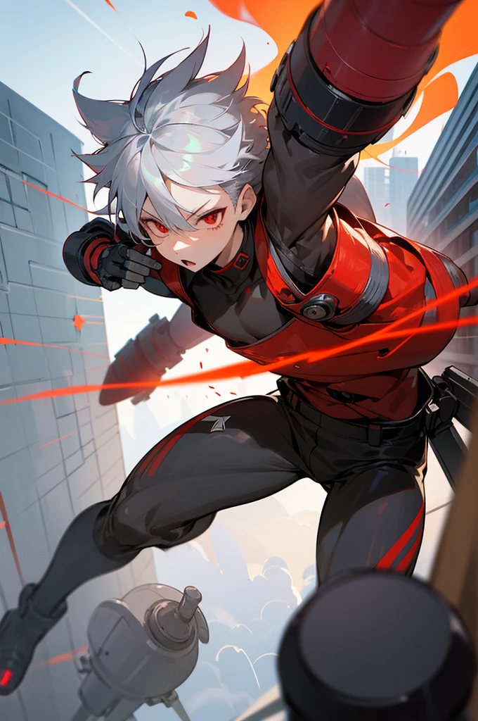 A boy of about 7  with silver hair and red eyes is blowing up the city. Shota Cyborg. His right arm has been transformed into a cannon.、Red energy is emitted、It's piercing the building, launching missiles from the six-barreled catapults equipped on both shoulders, carrying out a bombing attack.