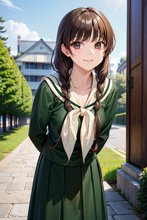 Yuno Shimazu、Shiny brown hair,  ((Long Hair, Twin Blade:1.5, Hair that falls over the shoulders)),Beautiful brown eyes、Sparkling eyes, Fine grain、smile、Ultra-detailed eyes、Highly detailed face, Highly detailed eyes,



 school uniform, Sailor collar, neckerchief, Green Shirt, Sailor shirt, Long sleeve, Green Skirt, Long skirt, 
 
 masterpiece, Highest quality, High resolution, Leaning forward, Put your arms behind your back, Outdoor, The tree in the schoolyard、Cowboy Shot, Are standing



