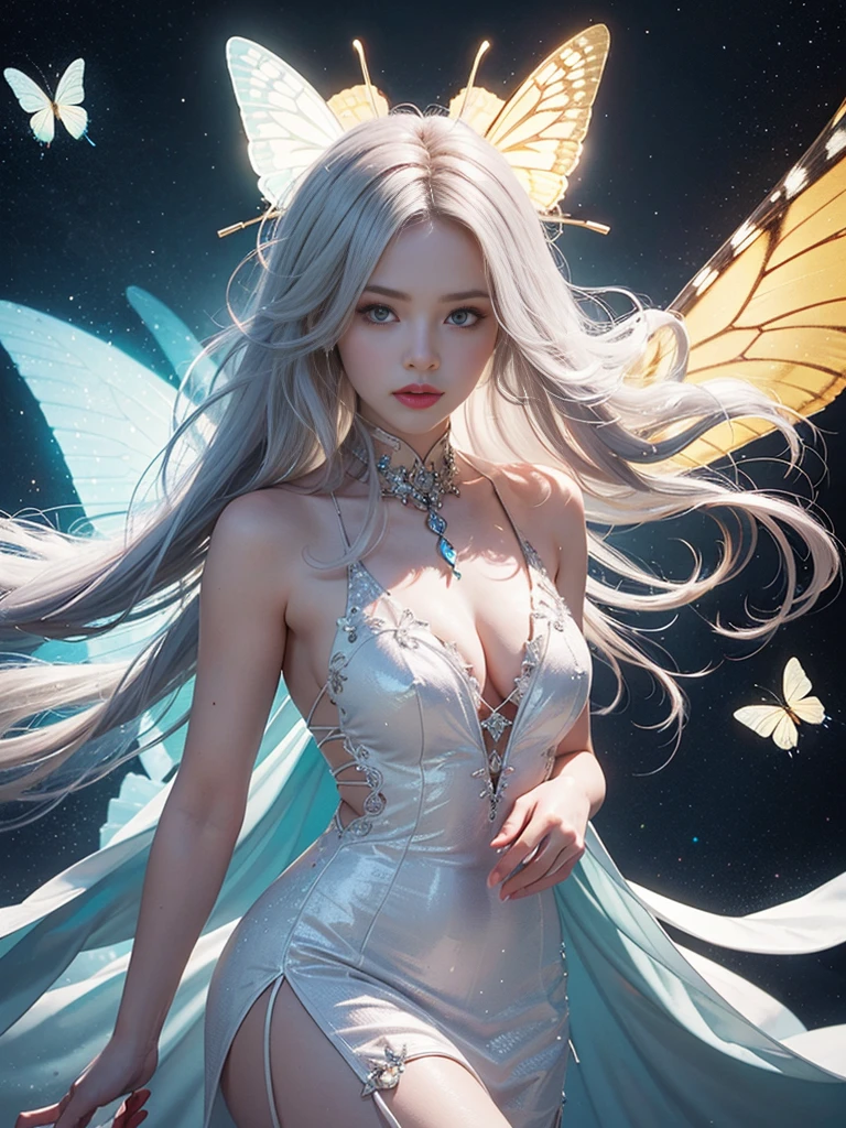  White hair , (((White luminous dress , White giant dress , Dress glitter , dress ))) ,Beautiful dance dynamics , Long legs , small thighs((Huge long white hair，Glowing coat , Long flowing hair))offcial art , Unity8k wallpaper , Ultra detailed , Beautiful and beautiful , Masterpiece , Best quality ,Realistic((Huge long white hair，Glowing coat , ))Masterpiece , Best quality , Ultra-detailed , very detailed illustration ,Extremely detailed , Intricate details , .White luminous dress , White giant dress , Dress sequins , Dress made of aurora , ultra intricately detailed , Very detailed 8KCG wallpaper , Cowboy shot , Caustics .Reflection , Ray tracing , Demon Theme ,Starcloud ,Dark aura, cyber effect , (1girll:1.4)Solo , Little blue butterfly , Surrounded by dozens of monarch butterflies , Huge long white hair shiny quilt hair , (Blue plasma flame , (insect , Butterflies))Long blue crystal dress , There are butterflies on the huge skirt , .Holy Light Butterfly Angel , Butterfly wings , in the style of rococo pastel hues ,Light white and light dark red , unbelievable beautiful , Cherry blossoms , sparkling water reflections , Soyuz , Flowing , Surreal ,Painting , Ethereal , Elsa Bleda , stockphoto, Mixed reality and fantasy elements ,vray tracing , Intricate patterns , delicated lines , made of crystals , Refine your hands ,Refine your hands , Refine your hands, Starry , Colorful , stars , (sharp focus on face) , (foreshortening:1.1 Omitted_above:0.3 , fish eye:1.1)