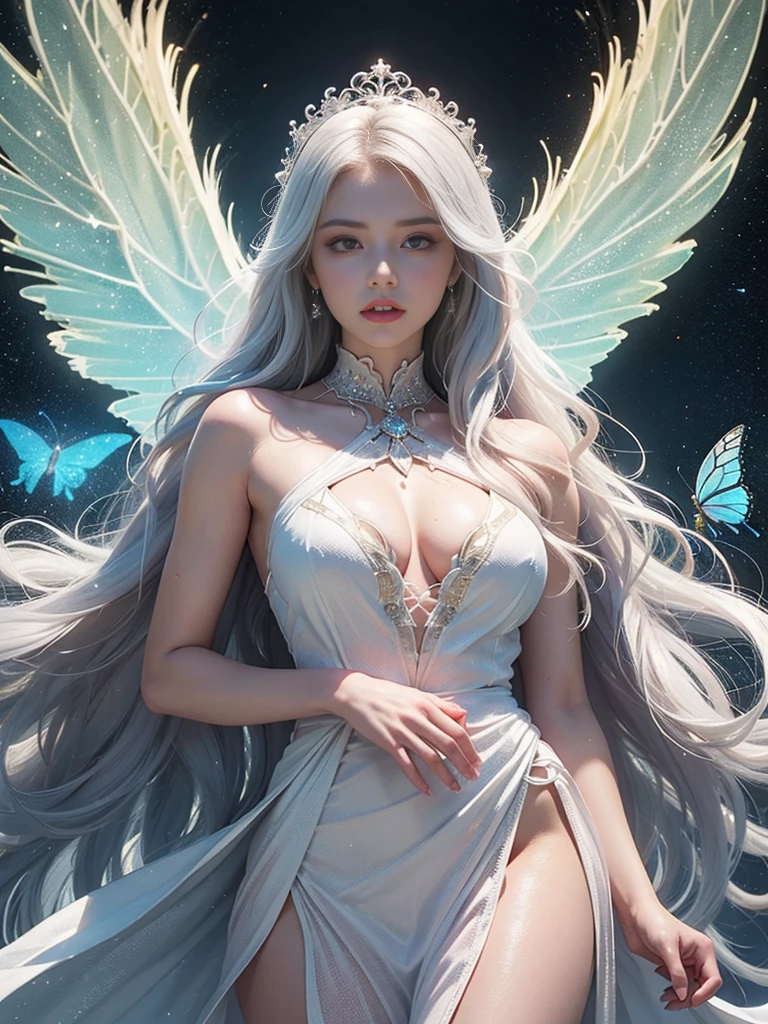  White hair , (((White luminous dress , White giant dress , Dress glitter , dress ))) ,Beautiful dance dynamics , Long legs , small thighs((Huge long white hair，Glowing coat , Long flowing hair))offcial art , Unity8k wallpaper , Ultra detailed , Beautiful and beautiful , Masterpiece , Best quality ,Realistic((Huge long white hair，Glowing coat , ))Masterpiece , Best quality , Ultra-detailed , very detailed illustration ,Extremely detailed , Intricate details , .White luminous dress , White giant dress , Dress sequins , Dress made of aurora , ultra intricately detailed , Very detailed 8KCG wallpaper , Cowboy shot , Caustics .Reflection , Ray tracing , Demon Theme ,Starcloud ,Dark aura, cyber effect , (1girll:1.4)Solo , Little blue butterfly , Surrounded by dozens of monarch butterflies , Huge long white hair shiny quilt hair , (Blue plasma flame , (insect , Butterflies))Long blue crystal dress , There are butterflies on the huge skirt , .Holy Light Butterfly Angel , Butterfly wings , in the style of rococo pastel hues ,Light white and light dark red , unbelievable beautiful , Cherry blossoms , sparkling water reflections , Soyuz , Flowing , Surreal ,Painting , Ethereal , Elsa Bleda , stockphoto, Mixed reality and fantasy elements ,vray tracing , Intricate patterns , delicated lines , made of crystals , Refine your hands ,Refine your hands , Refine your hands, Starry , Colorful , stars , (sharp focus on face) , (foreshortening:1.1 Omitted_above:0.3 , fish eye:1.1)