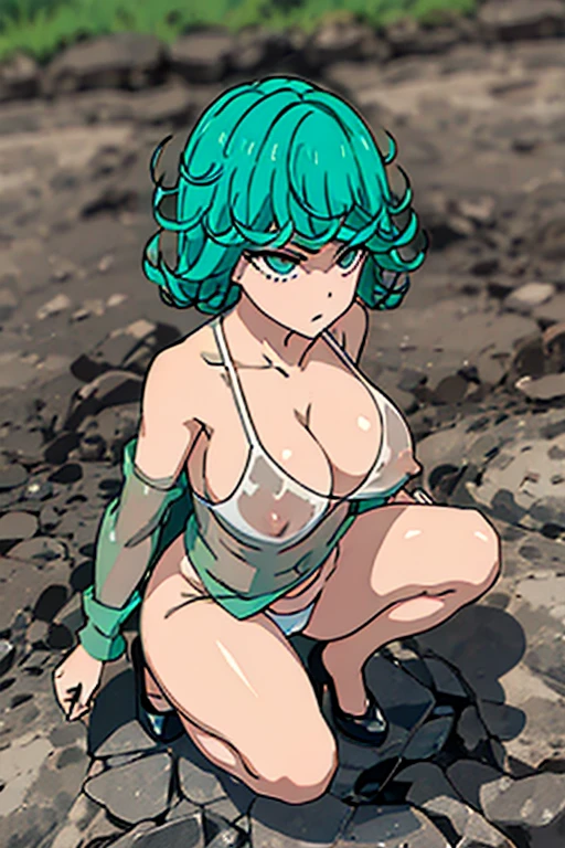 Visible nipples, beautiful cleavage, crouching, wet and transparent panties dripping a sexual liquid, white and transparent bra, large bust