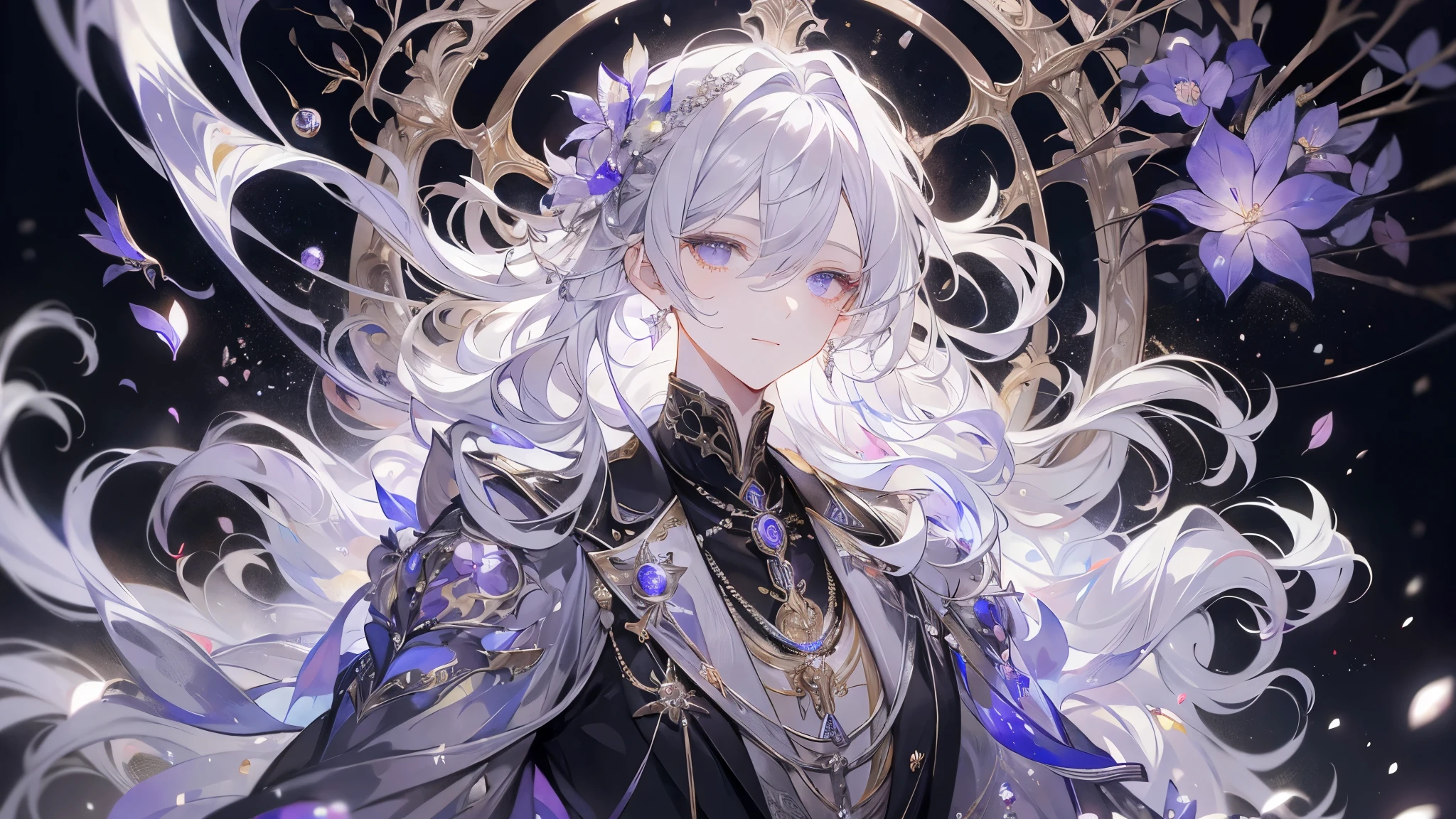 1 male, Highest quality,masterpiece,High resolution,Adult male, (Disheveled pearly silver hair), Dusty lilac eyes,elegant features, Academy uniform,Black trousers, Gorgeous Accessories,Coquettish,kind, Fascinating, Background is the Academy,Humanity,smile, Facial portrait