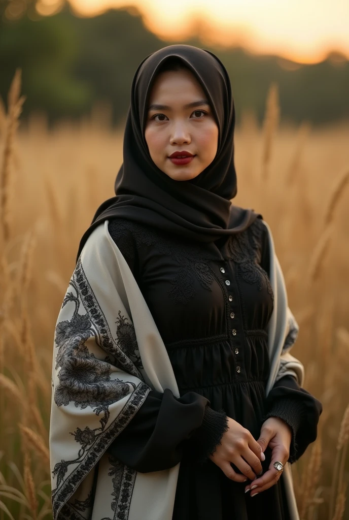 Create a portrait of a Malaysian Muslimah woman with a gothic style and a smile, standing and pose gracefully in a serene field of tall, golden grasses during the soft, warm light of sunset. She is wearing a black hijab covered top body, paired with a flowing loose black outfit adorned with delicate lace detailing. A light-colored shawl with intricate black floral patterns drapes over her shoulders, adding a touch of elegance. The woman has a confident and calm expression, her face softly illuminated by the golden light, highlighting her natural beauty. The background consists of blurred greenery, contributing to the peaceful and natural atmosphere of the scene