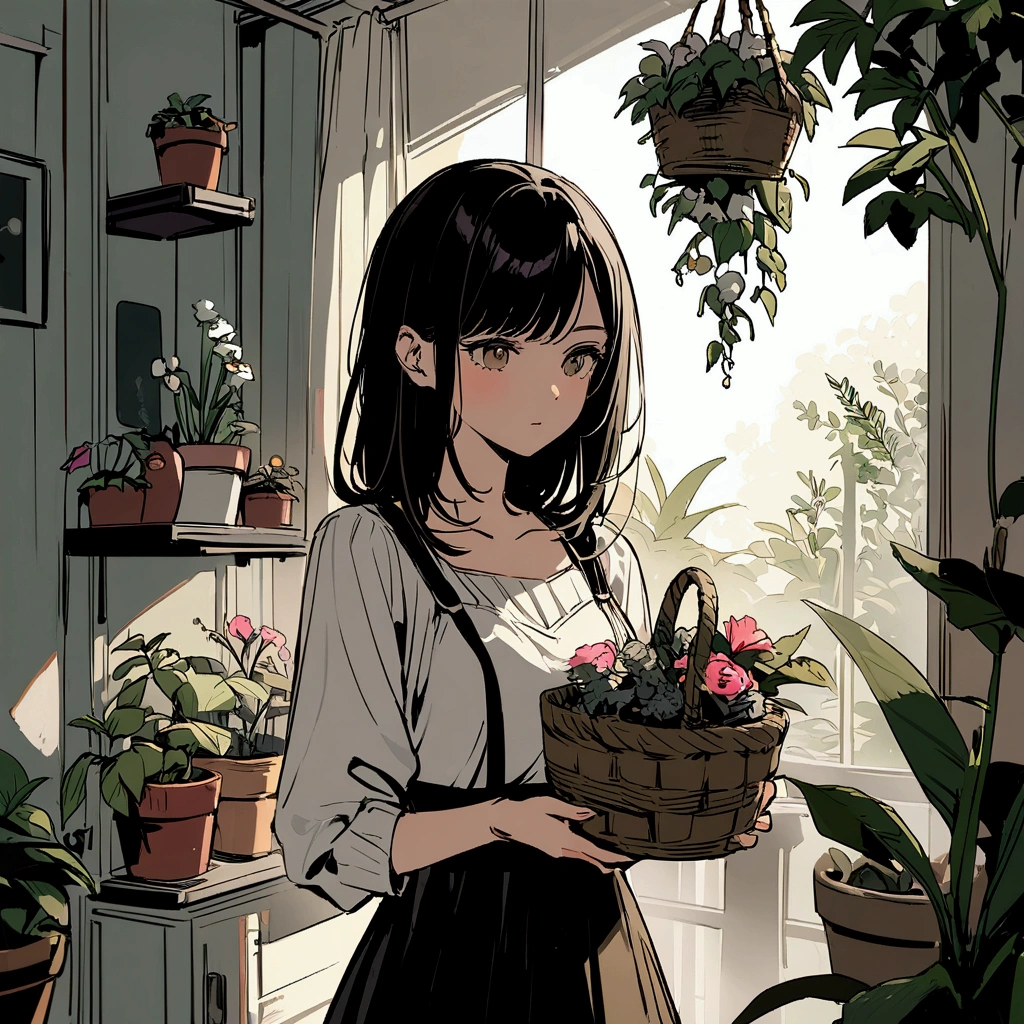 A woman in a flat-colored casual outfit, holding a basket with flowers in her hand. Chic, soft atmosphere. Soft light. Many potted plants and plants in the background.