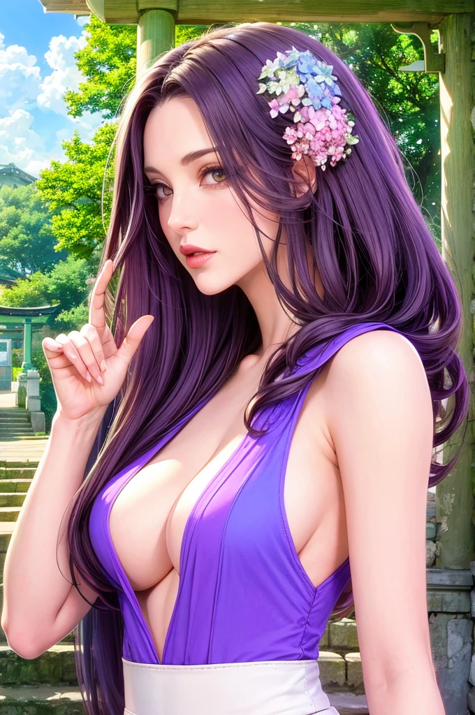 (masterpiece, best quality:1.2), 1girl, solo,mature_lady, delicate face,detail eyes,long hair, floating hair,medium breasts, upper body,,santa clothes,Wallpaper Fusion, dappled sunlight, day, flower, hydrangea, leaf, light rays, nature, outdoors, path, plant, purple flower, scenery, stairs, sunlight, torii, tree, wisteria
