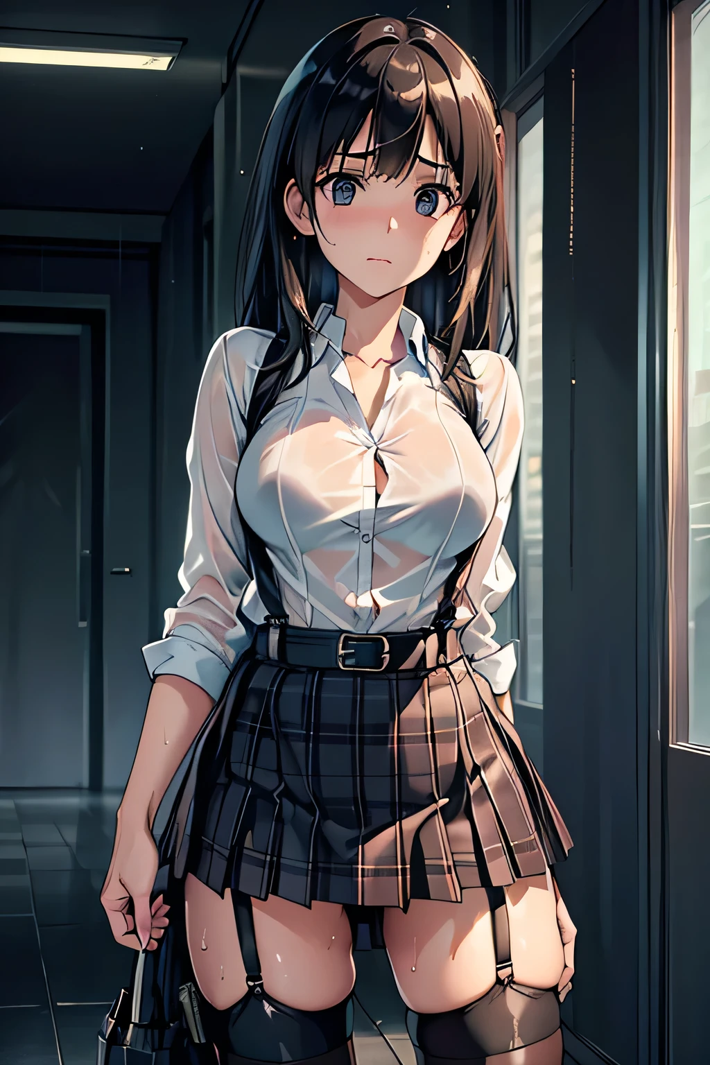 1 female, , high quality, masterpiece, Ultra-high resolution, Cinema Lighting, 1 female, , high quality, masterpiece, Ultra-high resolution, , Cinema Lighting, suspenders Moderate breasts Small face Looking up Sweat Thin belt buzzer 脇Sweat garter belt Belt on pants holster Hands behind your back Looking up Anxious face Knee-high Knee socks Knee-highソックス garter ふとももにgarter belt Checkered mini skirt Panty shot Skirt gap Armament holster holster Hands behind your back Anxious expression Anxious face, legs apart Armament Leg Holster holster See-through clothing heavy rain Rain-soaked dress shirt,Moderate breasts ガーターbelt suspenders Garter on the thigh Checkered mini skirt Looking up Pause belt Armpit sweat Hands behind back Raise your hands