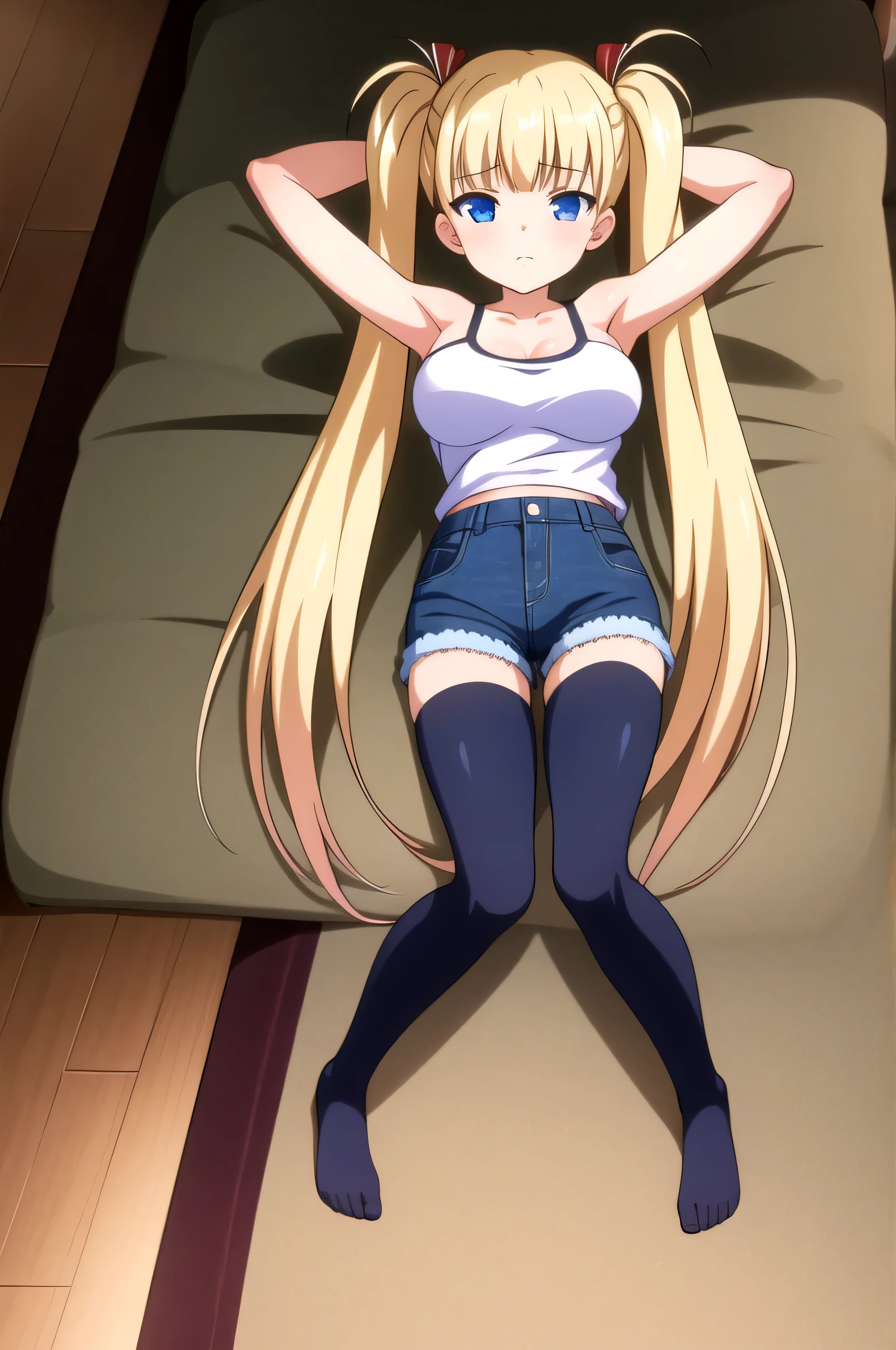 (masterpiece, Best Quality:1.2), absurdities, perfect anatomy, 1 girl 18yo, full body, looking at the viewer, blunt bangs, ( Denim shorts:1.1), Focus only, Soft lighting, (blue eyes), blonde hair, very long hair, twintails, Airi Akizuki, big breast, striped tights, lying in a bed, arms above your head,