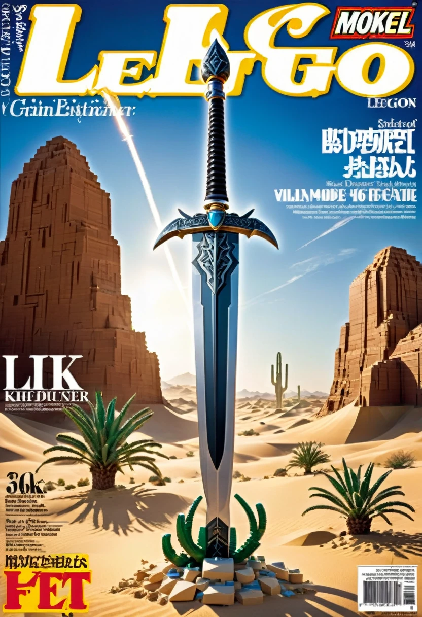 Magazine cover，best quality, very good, 16K, ridiculous, Very detailed, （（Huge sword））desert，Villain，Made of Lego,