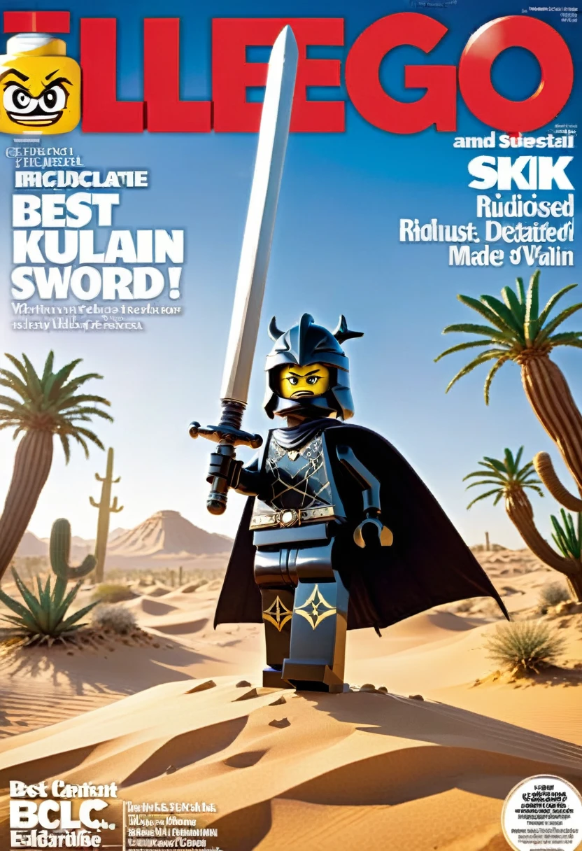Magazine cover,best quality, very good, 16K, ridiculous, Very detailed, ((Huge sword))desert,Villain,Made of Lego,
