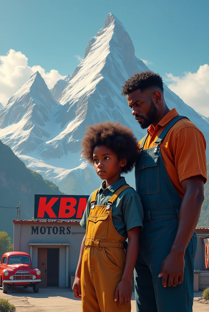 +three mountains at Background+ KBM MOTORS written in the front+ a  black child with brown afro and a mechanic standing+photorealistic 