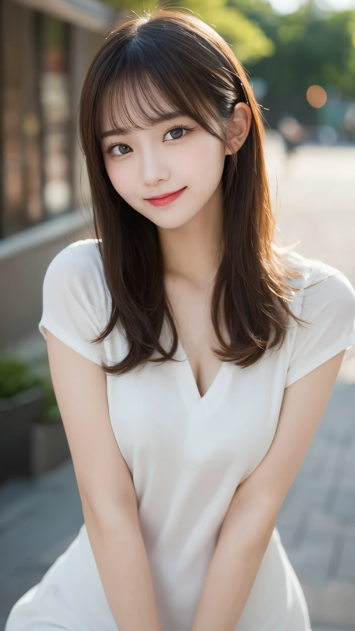 Tabletop, Highest quality, shape, Very detailed, finely, High resolution, 8k wallpaper, 完璧なダイナミックな構shape, Beautiful and exquisite,ランダムなcute髪,,Natural color lip, Bold sexy pose,smile、20-year-old girl、cute、Always blur the background,Perfect and beautiful face,Slim face and figure,Big eyes、Putting on gal makeup,Small face,Blurred Background,Elegant feminine face、smile、Actual Photos、Change pose randomly、Randomly change the shooting angle and position、Summer fashion for women