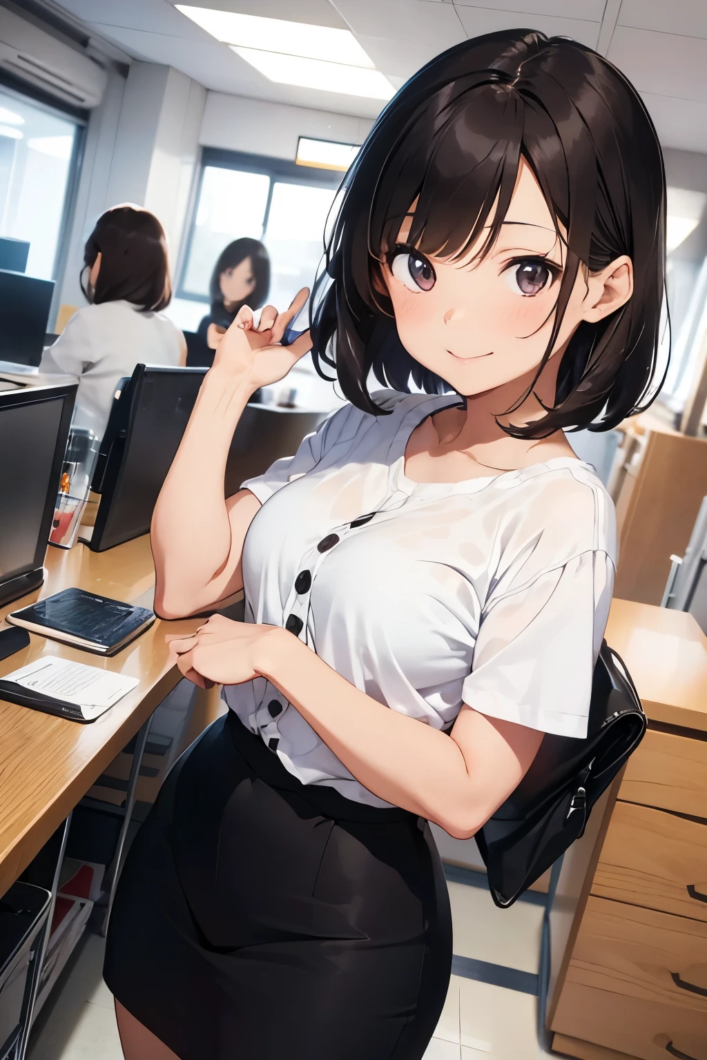 frame in, from right in front of face and body, view straight on, upper body, High quality, very high res, High quality, very high res, cute girl, brown hair, forehead, blunt bangs, bob cut, blush, Brushed up bangs, ((wearing a plain t-shirt)), upright, pleated skirt, sitting in a work chair, (leaning forward), ((grabbing own breasts)), smile, at office