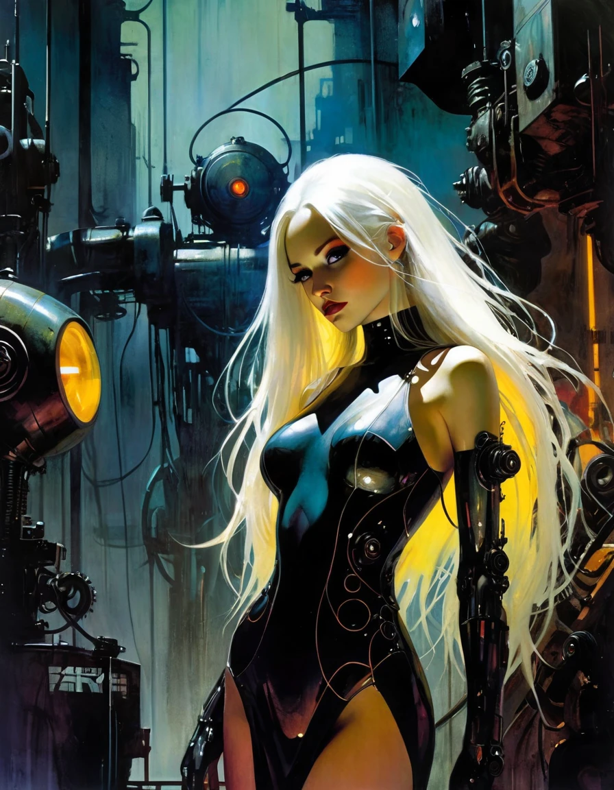 futuristic girl, sexy, mechanical arms, cyborg, long white hair, tight futuristic dress, surrounded by industrial machines,NEON COLOR, LOFI COLOR,eroticism, sexy, black and white image, between shadows, oil painting, chiaroscuro, sensual, dramatic lighting, moody atmosphere, photorealistic, intricate details, masterpiece, ultra-detailed, high quality, 8k, best quality, realistic, cinematic, dark and brooding, expressionistic, powerful composition, emotional impact, Bill Sienkiewicz and Dave Mckeaninspired art
