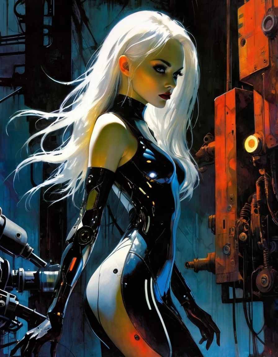 futuristic girl, sexy, mechanical arms, cyborg, long white hair, tight futuristic dress, surrounded by industrial machines,NEON COLOR, LOFI COLOR,eroticism, sexy, black and white image, between shadows, oil painting, chiaroscuro, sensual, dramatic lighting, moody atmosphere, photorealistic, intricate details, masterpiece, ultra-detailed, high quality, 8k, best quality, realistic, cinematic, dark and brooding, expressionistic, powerful composition, emotional impact, Bill Sienkiewicz and Dave Mckeaninspired art
