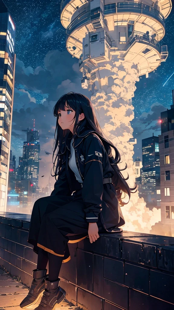octans, sky, star (sky), scenery, starry sky, night, 1girl, night sky, solo, outdoors, building, cloud, milky way, sitting, tree, long hair, city, silhouette, cityscape