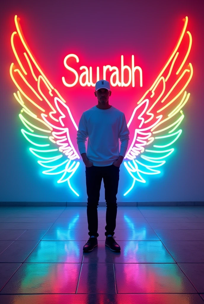 In this striking and futuristic scene, a mysterious individual stands confidently in front of a mesmerizing neon wall. The individual’s casual attire – a white sweater, white cap, black pants, and black shoes – contrasts with the vibrant neon wings in indian flag color, symmetrically placed on either side of the figure. The bold red neo
n quote “Saurabh” adds an inspiring touch to the composition. The floor, made of tiles, reflects the grayish hue of the wall