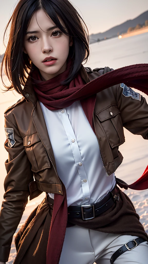 mastaerpiece,best quallity,1girl,(photorealistic:1.4),beautiful lighting,absurdres,outdoors,mikasa ackerman,shingeki no kyojin,1girl,bangs,belt,belt buckle,black eyes,black hair,brown belt,brown jacket,buckle,dress shirt,hair between eyes,jacket,long sleeves,medium hair,open clothes,open jacket,paradis military uniform,red scarf,scarf,shirt,solo,standing,straight hair,suspenders,white shirt,wing collar,RAW photo,film grain,(fighting stance:1.3),(snap photography:1.2),cold face,calm face,Poker face,(world-weary face:1.2),