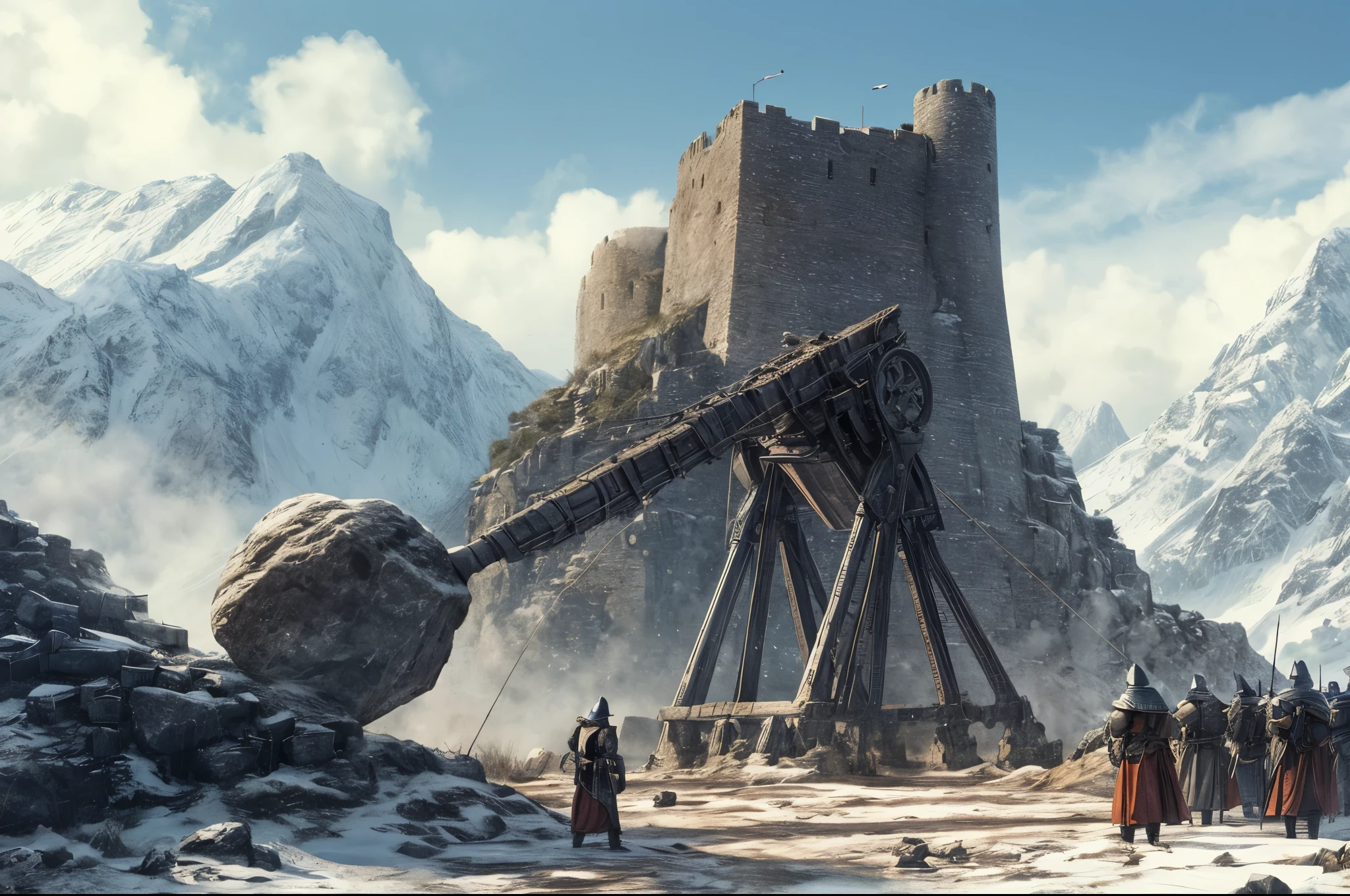 soldiers from the medieval era can be seen standing beside a massive catapult outside of an enemy fortress on the plains, hurling a huge boulder towards the fortress