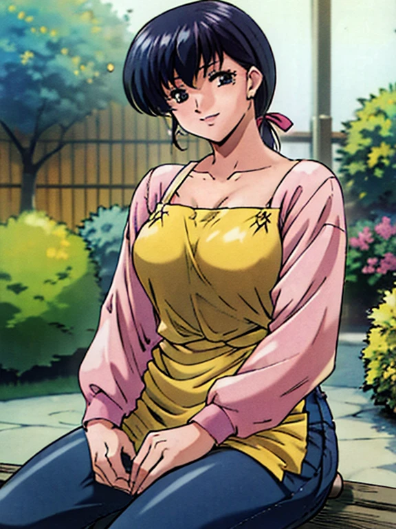 (((High resolution、high quality、masterpiece)))、In the garden of the house、White shirt、Pink Sweater、Black Hair、(((Yellow apron)))、Dark blue jeans、smile、White ribbon