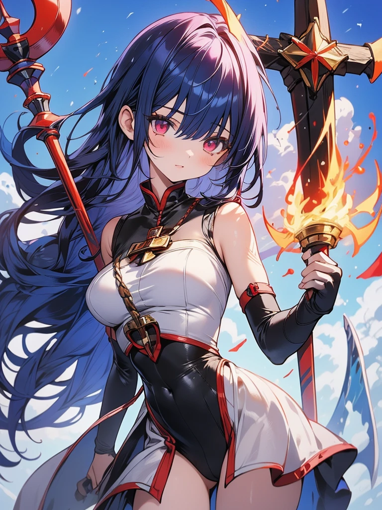 (masterpiece, best quality:1.1), priest \(dq3\), 1girl, solo, long hair, blue hair, red eyes, mitre, tabard, cross print, orange bodysuit, elbow gloves, large breasts, holding, staff, nature, blue sky, cowboy shot, 