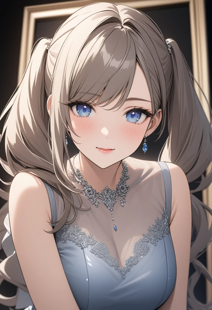 Highest quality、Portraiture, Elegant mature woman, blue eyes, Black twin tails, Side-swept bangs, A sheer dress, See-through dress, 4K resolution, Character portrait、(Facing forward)、vtuber