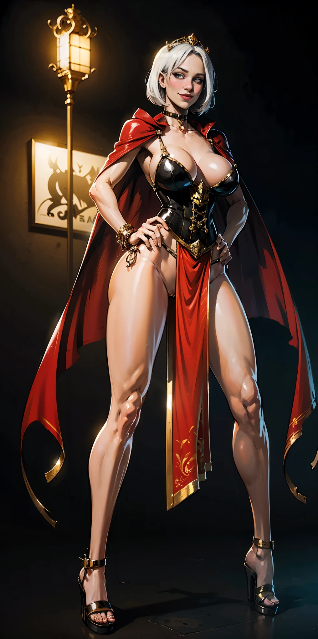 ((BLACK BACKGROUND,1:2, masterpiece)), full body MILF BIMBO standing with two long thighs and two high heels, red eyes, silver white hair, short bob style hair, big breasts, cleavage, separate sleeves, tiara royal, long cape up to two feet, yellow bikini, hands on waist, navel, lustful smirking smiling, smile face (red blushed, red cheeks), metal shoulders, gold sleeveless armbands, black leather choker slave collar, shackle bracelets, sex slave red crest, full body MILF BIMBO standing with two long thighs and two metal sandals, red eyes, silver white hair, short bob style hair, big breasts, cleavage, separate sleeves, tiara royal, long cape up to two feet, yellow bikini, hands on waist, navel, lustful smirking smiling, smile face (red blushed, red cheeks), metal shoulders, gold sleeveless armbands, black leather choker slave collar, shackle bracelets, sex slave red crest, pauldrons, breastplate, corset, eye focus, full body, whole body. 1solo . slave fighter, loincloth standing, hands on hips, metal sandals, backpack, choker, big belt, view from below, feet together, bracers, tiara)