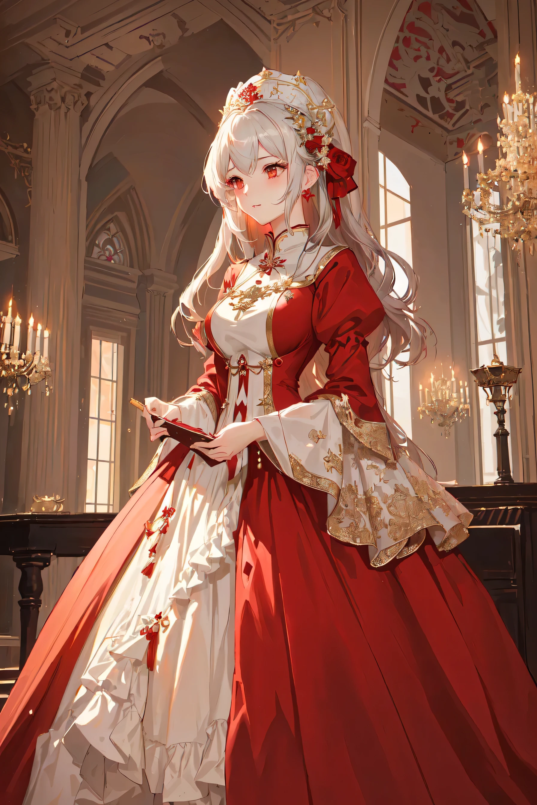 There was a lady in a red and white dress, guweiz on pixiv artstation, Classical style clothes,Medieval style,Royal elegance, Kushat Krenz Key Art Women, guweiz on artstation pixiv, Popular on artstation pixiv, Cute anime girl in a beautiful skirt, Digital Art on Pixiv, Very detailed and beautiful fan art