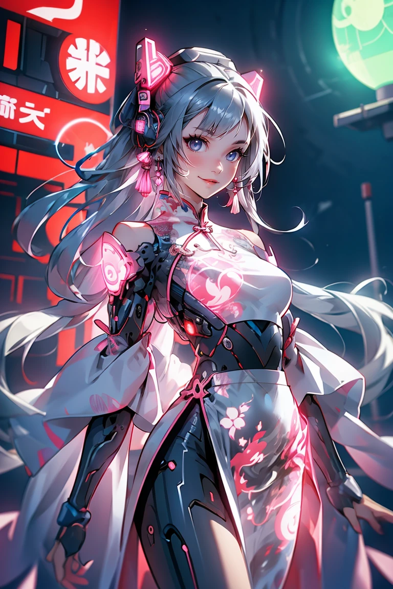 1 person, Chinese_Clothes, liquid silver and pink, Cyberhunter, China dress, cyber punk city, Dynamic pose, Glowing headphones, Glowing Hair Accessories, Long Hair, Glowing Earrings, Glowing necklace, cyber punk, High-tech city, full of mechanical and Futuristic elements, Futuristic, technology, Glowing neon, pink, pink light, Transparent tulle, transparent streamers, laser, Digital background city sky, Big Moon, With vehicle, 最high quality, masterpiece, 8k, Character edge light, Ultra high definition, high quality, The most beautiful woman in the world, smile, The face is facing forward、Symmetrical, earrings, Beautiful pupil light effect, Visual data, Silvery white hair, Hair is not messy, Long Hair over the waist, Luminous electronic clock, Deep Eyes, Happy, English Graffiti