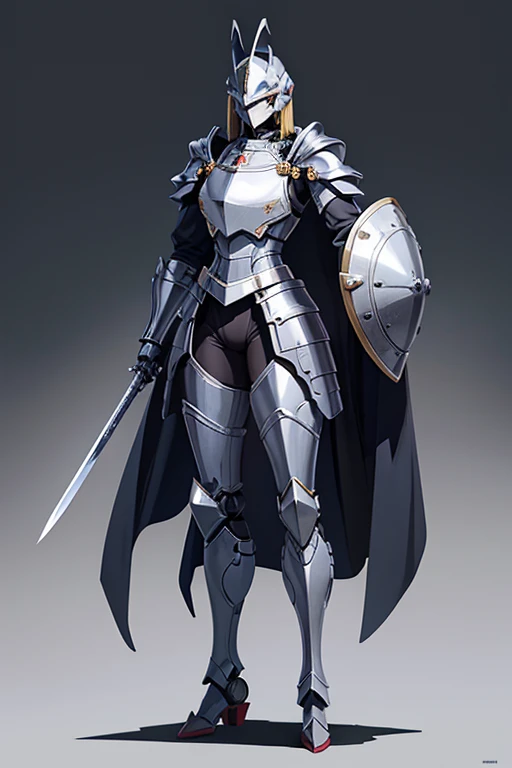 Anime Art、Full body portrait、Ancient Mechanical Doll、Plain background、A steel-colored female armored robot doll, about 165cm tall、Visor-type camera eye、Simple Full Helm、In his right hand he holds a long Japanese sword、Holding a shield in his left hand、Round shoulder armor、legs are thick、Iron mask with no nose or mouth