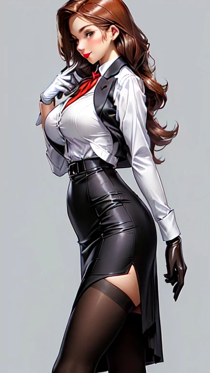 A high resolution, 1 mature woman, 25 years old, Cute Girl, Beautiful Meticulous Girl, a woman wearing a mask and a dress, latex gloves, female spy, business attire, female outfit, office clothes, wearing a strict business suit, dystopian outfit, girl in suit, girl in a suit, female lead character, 1940s style fasion, business outfit, female in office dress, work clothes, avant designer uniform, white business suit, long sleeves, brown Vest, brown office business skirt, big breasts, curvy body, dynamic pose, medium shot,