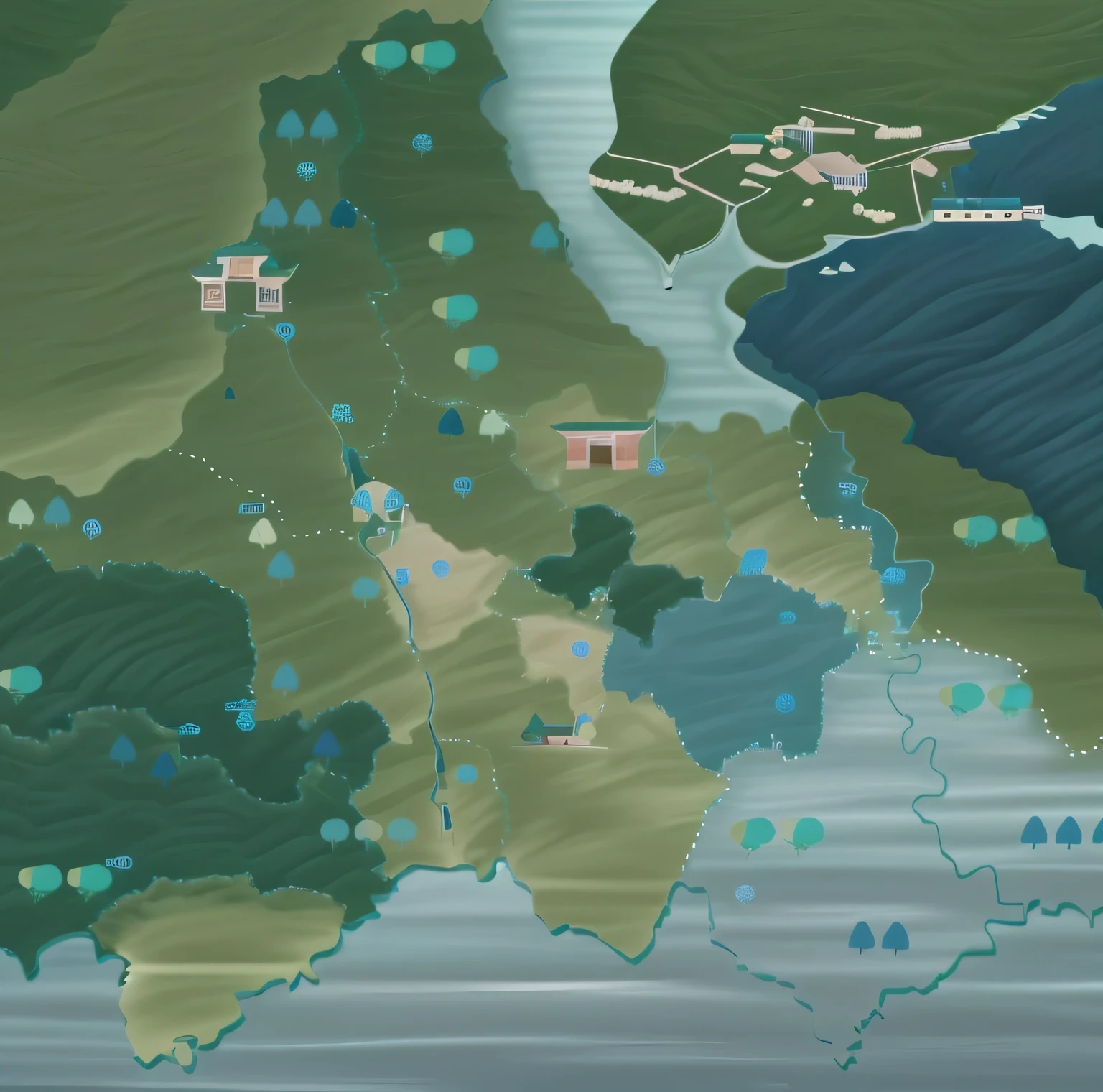 Hand-drawn regional scenic area illustration style,green,,blue,the way