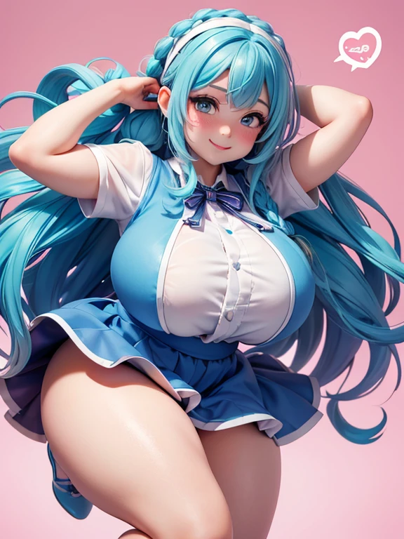 (Better Quality, first work), , (Chubbyボディ), (Blue Hair), (Braid), (masterpiece), (smile), (White skin), Happy, Blushed, Chubby, Fly away, Accentuate your thighs, Sexy pose, Big breasted, (Put your hands behind your head)