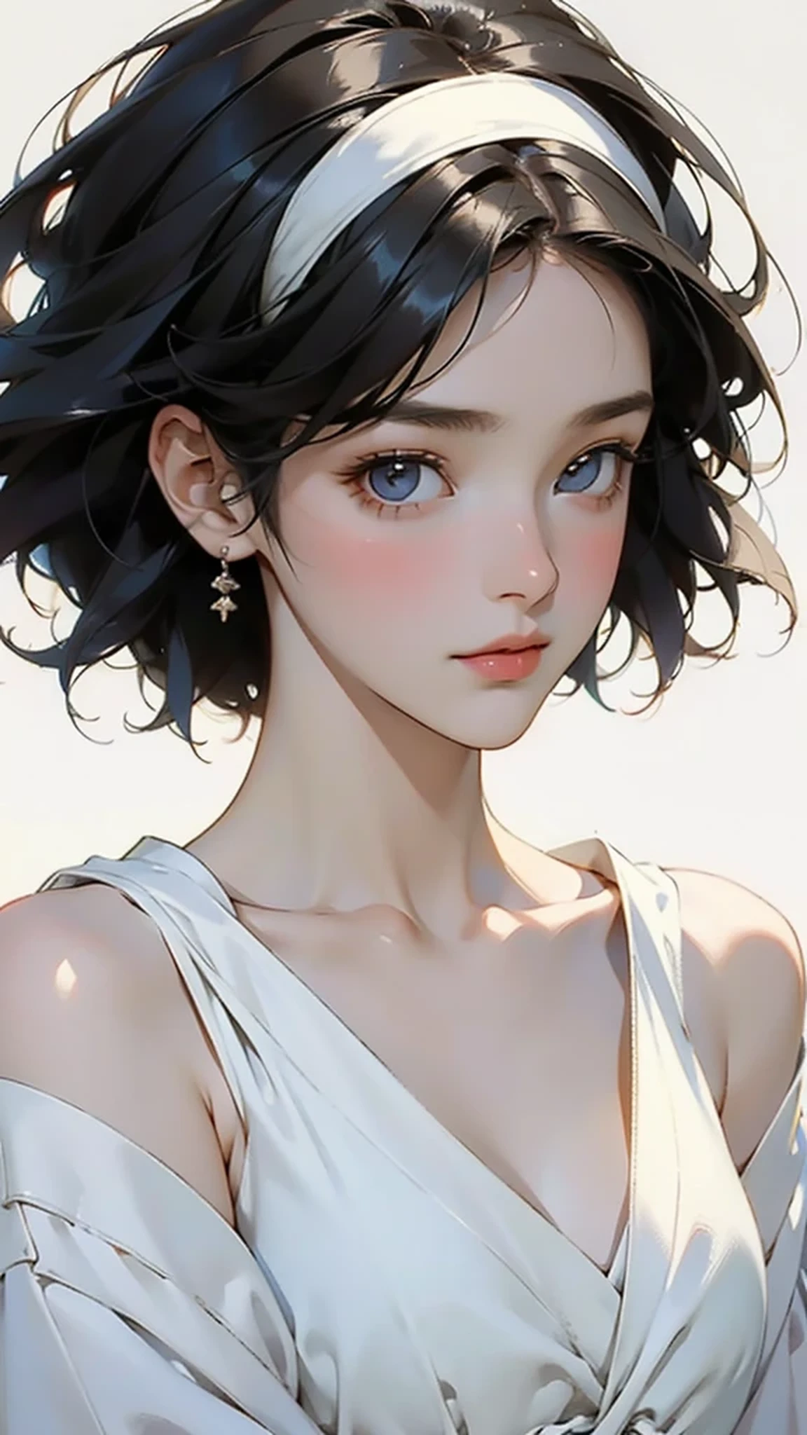 (masterpiece, best quality:1.2), 1 female, Solitary、Pretty Face、Vivid faces、Dark-haired、short hair、Beautiful hairstyle、Beautiful Skin、Shoulder shooting、Close-up of face、Simple white dress、Lohas、Soft Light、Soft Focus、((White background))、((Blank Background))、Blurred Background、