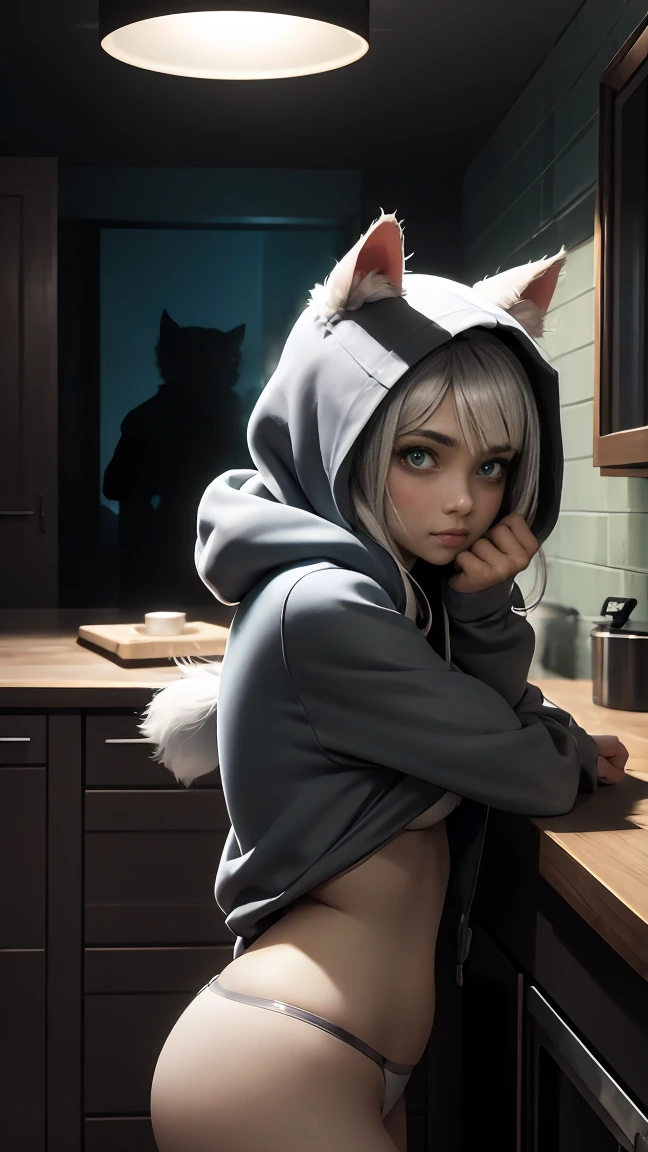 The  girl cat with white-and-gray fur looks reluctant as she rolls her eyes slightly. Her green eyes show mild frustration, and she’s wearing her casual hoodie or ripped T-shirt. Her posture is slightly slouched, and the lighting around her is dim, reflecting her grudging acceptance in the warm kitchen setting.