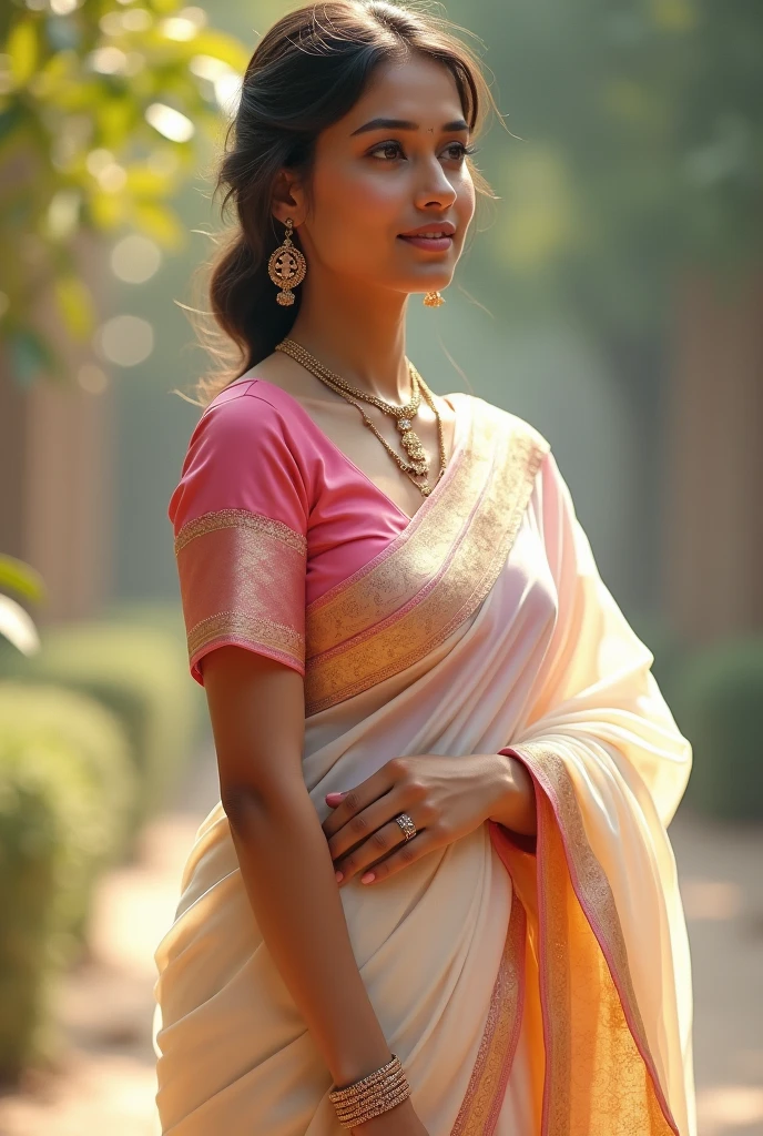 A girl wear Ivory colour saree and pink colour blouse