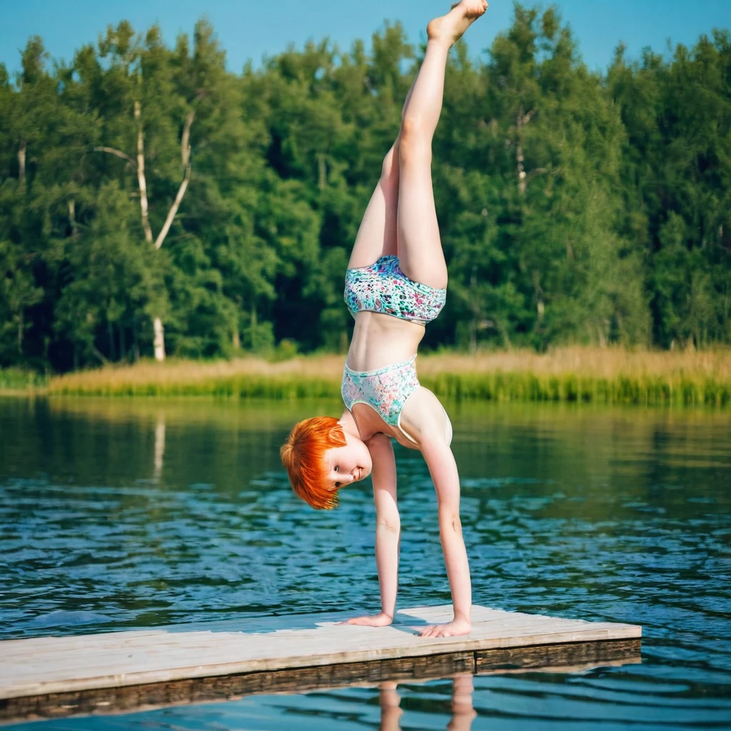 Happy skinny ginger-sweden youngs kids with short ginger hair, dressed in a light short and brassière de sport, happy to show hers, on a scorching summer day, in the lagoon do a handstand longer together 