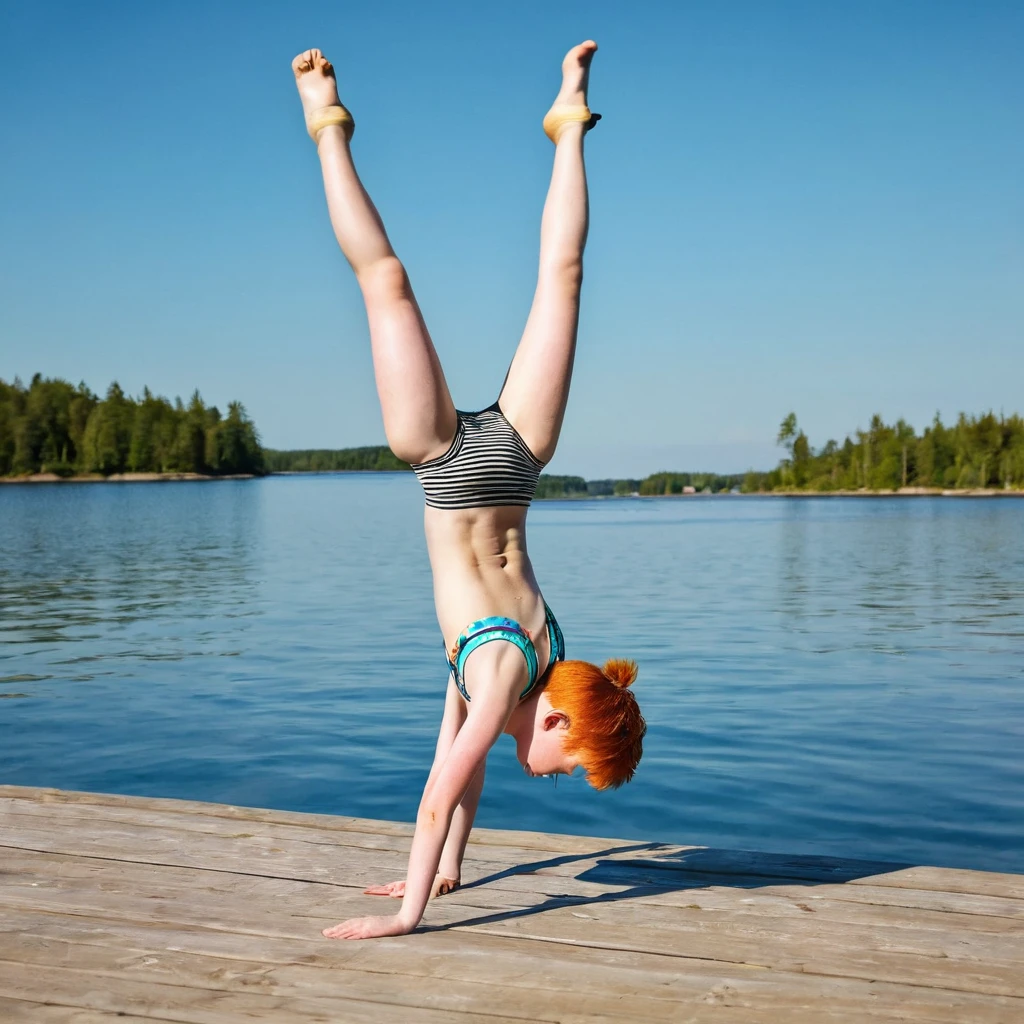 Happy skinny ginger-sweden youngs kids with short ginger hair, dressed in a light short and brassière de sport, happy to show hers, on a scorching summer day, in the lagoon do a handstand longer together 