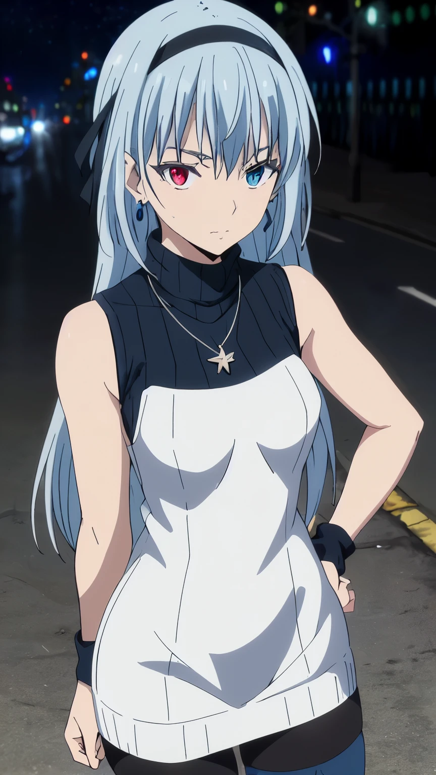 (masterpiece, highest quality, 8k:1.2), 1girl, Luminous, tensura, beautiful detailed eyes, Heterochromia, red eyes, blue eyes, bangs, silver hair, long hair, hair ribbon, hair band, jewelry, necklace, collarbone, ((Dark blue turtleneck sleeveless knit), pencil skirt, on the city street, necklace, earrings, knee-high stockings:1.2), Cowboy shot, Dynamic pose,