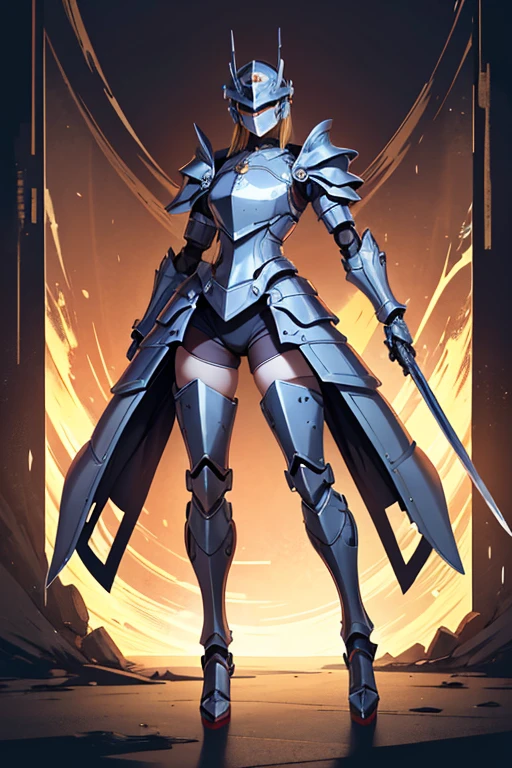 Anime Art、Full body portrait、Ancient Mechanical Doll、Plain background、A steel-colored female armored robot doll, about 165cm tall、Visor-type camera eye、Simple Full Helm、In his right hand he holds a long Japanese sword、Holding a shield in his left hand、Round shoulder armor、legs are thick、Iron mask with no nose or mouth
