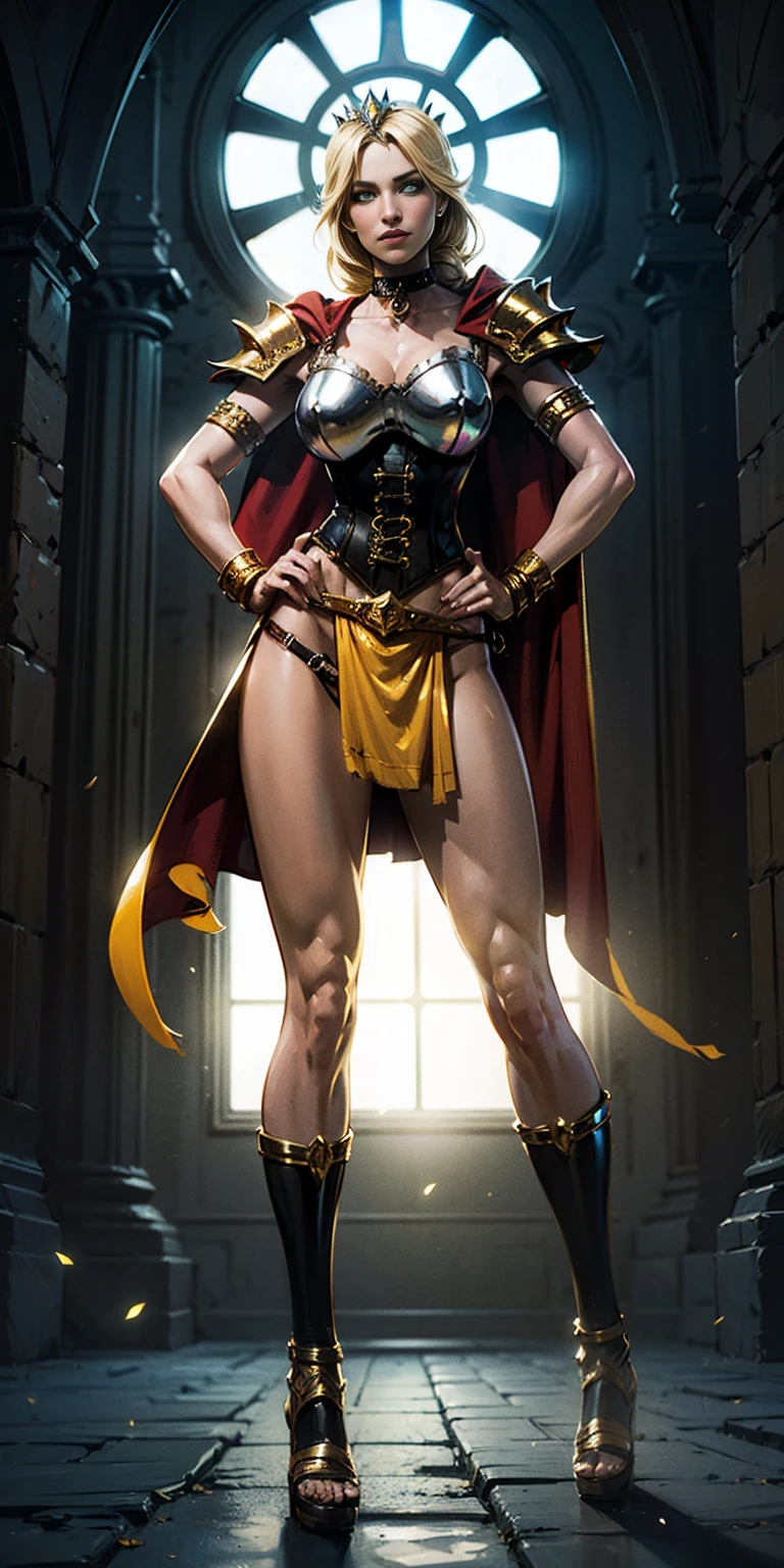 paladin lady in ornate golden armor, black collar, pauldrons, breastplate, corset, glowing halo, single braid, blonde, yellow glowing eyes, bright pupils, eye focus, red cape, temple indoors, stained glass windows, night, moonlight, particles, light beam, chromatic aberration, (full body, whole body. 1solo (girl). slave fighter, loincloth standing, hands on hips full body, whole body. 1solo (girl). slave fighter, loincloth standing, hands on hips, metal sandals, backpack, choker, big belt, view from below, feet together, bracers, tiara)
