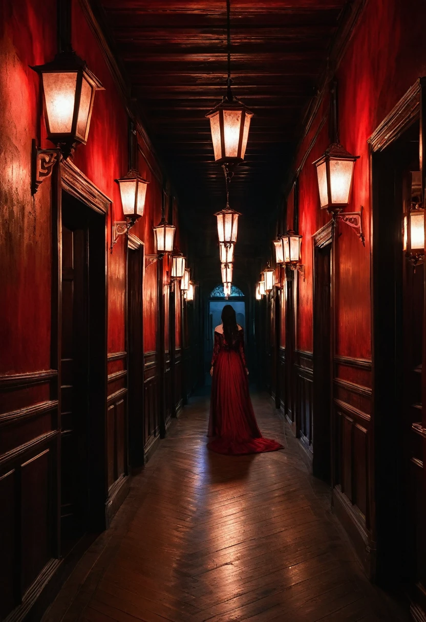 A dimly lit, gothic-style college hallway with old wooden floors and walls, illuminated by the soft glow of lanterns. In the distance, a ghostly figure of a woman in a flowing red gown is visible, her form semi-transparent, as she glides silently down the corridor